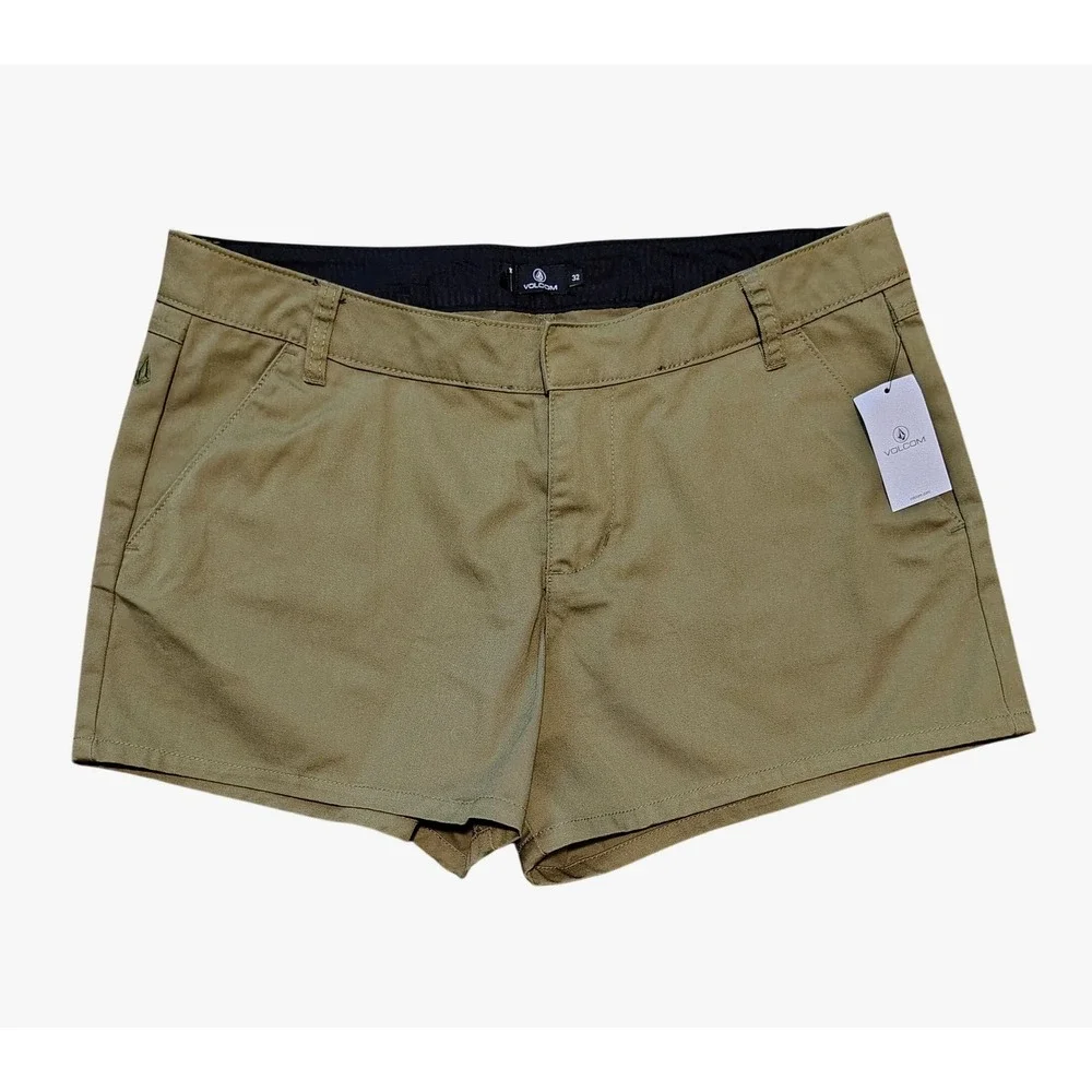 New Volcom Womens True To This Olive Green Mid Rise Skater Shorts Size 32 Cotton